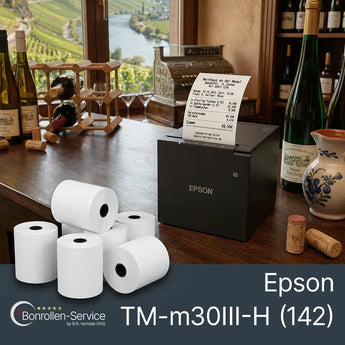 Schwarzer epson tm-m30iii-h bondrucker mit einer bonrolle und gedrucktem bon im oberen ausgabeschlitz