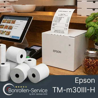 Weißer epson tm-m30iii-h bondrucker mit bonrolle und gedrucktem bon in der sammlung epson tm-m30iii-h bonrollen