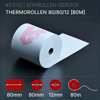 Weiße Thermopapierrolle Apothekenrollen 80x80x12 (80m) mit pinkem Logo, 80 mm breit