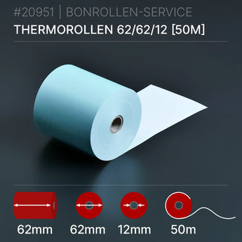 Blaue Thermorollen 62x62x12 (50m) hellblau 62mm Kern 12mm Innendurchmesser