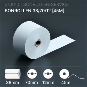Bonrollen 38x70x12 (45m) aus Normalpapier, 45m Länge, Kern 12mm