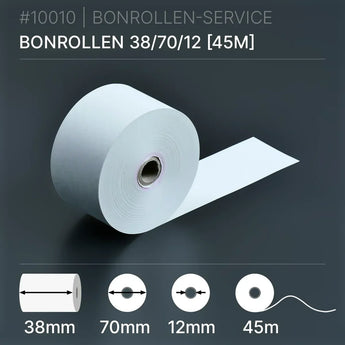 Bonrollen 38x70x12 (45m) aus Normalpapier, 45m Länge, Kern 12mm