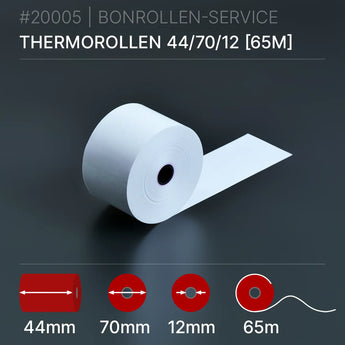 Thermorollen 44x70x12 (65m): Weiße Thermorolle mit 70mm Kern, 65m Länge
