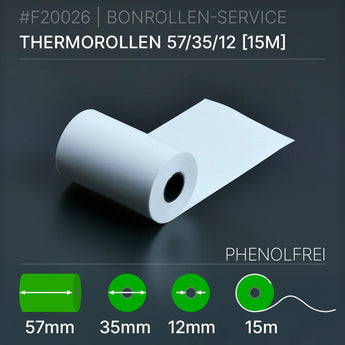Thermorollen 57x35x12 (15m) phenolfrei, weißes Thermopapierrolle 57mm x 35mm Kern