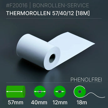 Thermorollen 57x40x12 (18m) phenolfrei, weißes Thermopapier mit 57mm Kern