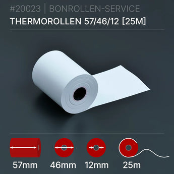Thermorollen 57x46x12 (25m): weiße Thermorolle, 25m lang, 46mm Kern, 12mm Loch