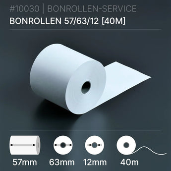 Bonrollen 57x63x12 (40m) aus Normalpapier, Weißpapierrolle 57/63/12, Ø63mm