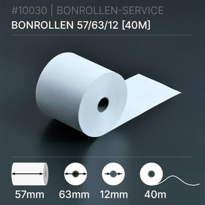 Bonrollen 57x63x12 (40m) aus Normalpapier, Weißpapierrolle 57/63/12, Ø63mm
