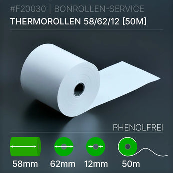 Thermorollen 58x62x12 (50m) phenolfrei, weiße 50m-Rolle mit 62mm Kern, 12mm Innendurchmesser