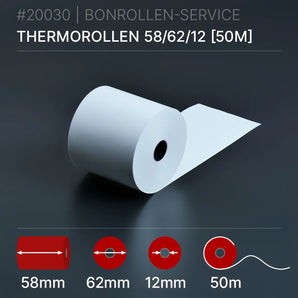Thermorollen 58x62x12 (50m): weiße Thermorolle, 50m lang, 62mm Kern, 12mm Innendurchmesser