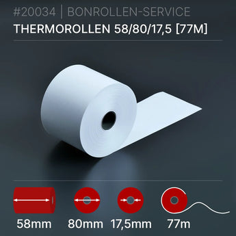 Thermorollen 58x80x17,5 (77m) weißer Thermopapier-Rollen, 58 mm breit