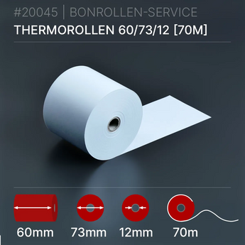 Thermorollen 60x73x12 (50m): weiße Thermorolle, 70m, 12mm Kern, 60mm Ø