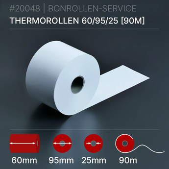 Thermorollen 60x95x25 (90m): Weiße Thermorolle, 90m lang, 60mm Kern, 25mm Innendurchmesser