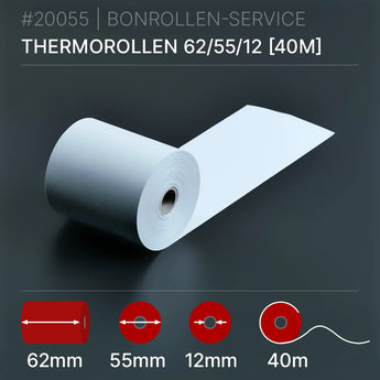 Thermorollen 62x55x12 (40m): weiße Thermorolle, 40m lang, 62mm Kern, 55mm Ø