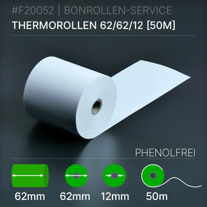 Thermorollen 62x62x12 (50m) phenolfrei, weiße 62mm Rolle mit 12mm Kern