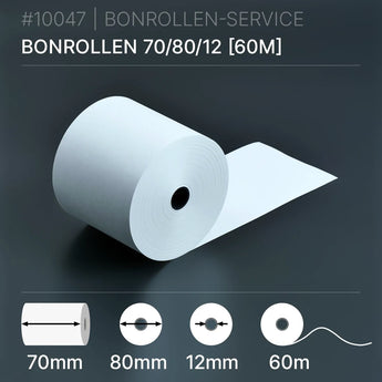 Bonrollen 70x80x12 (60m) aus Normalpapier, weiße Papierrolle