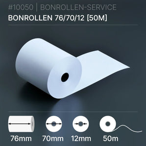 Bonrollen 76x70x12 (50m) aus Normalpapier, 76 mm breit, 50 m lang
