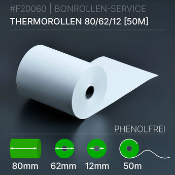 Thermorollen 80x62x12 (50m) phenolfrei, weiße 80mm x 50m Rolle, 12mm Kern