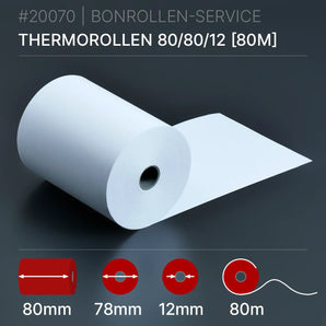 Thermorollen 80x80x12 (80m): weiße Thermorolle, 80m lang, 78mm Kern, 12mm Innendurchmesser