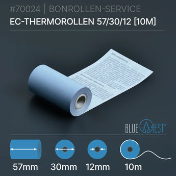 Öko-EC-Rollen 57x30x12 (10m) mit SEPA-Text, blaue Thermorolle