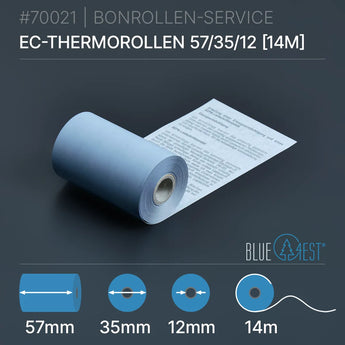 Öko-EC-Rollen 57x35x12 (14m) mit SEPA-Text, 57mm Ø, 35mm Kern, blau thermisch