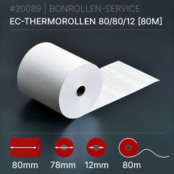 Weiße EC-Thermorollen 80x80x12 (80m) mit 78mm Kern und SEPA-Text