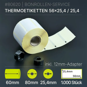 Rolle weißer Thermo-Etiketten 56mm x 25,4mm mit gelber Rückseite und 12mm-Adaptern