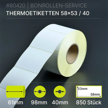 Rolle weißer Thermopapier-Etiketten 58mm x 53mm mit gelber Rückseite, 61/98/40