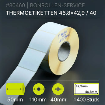 Rolle weißer Thermopapier-Etiketten 46,8mm x 42,9mm - 50/110/40 mit gelbem Kern