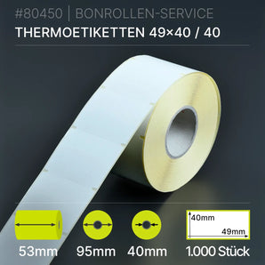 Rolle weißer Thermopapier-Etiketten 49mm x 40mm mit gelber Rückseite