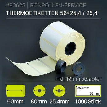 Rolle weißer Thermo-Etiketten 56x25,4mm mit 12mm-Adapter, ablösbar