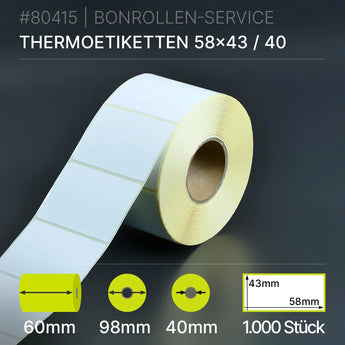 Rolle weißer Thermopapier-Etiketten 58mm x 43mm mit gelber Rückseite