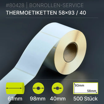 Rolle weißer Thermopapier-Etiketten 58mm x 93mm mit beigem Kern