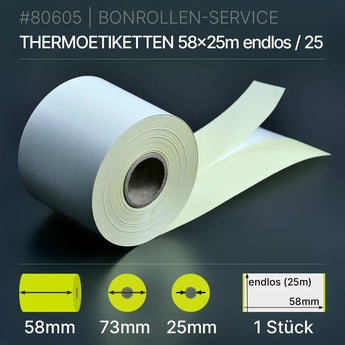 Etiketten 58mm x endlos 25m Thermopapier Rolle weiß 58/73/25