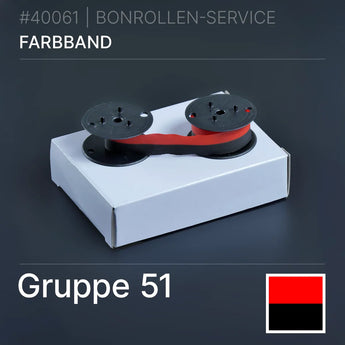 Farbband Gruppe 51 Schwarz/Rot: rote und schwarze Spulen auf weißer Box
