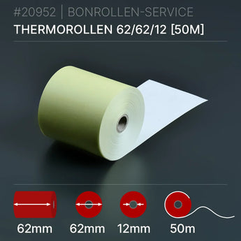 Gelbe Thermorolle 62x62x12 (50m), hellgelbes Papier mit 62mm Kern