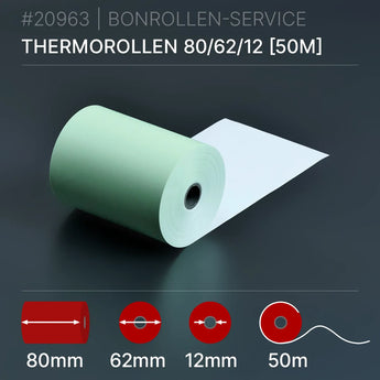 Grüne Thermorollen 80x62x12 (50m), hellgrünes Thermopapier 80 mm Ø