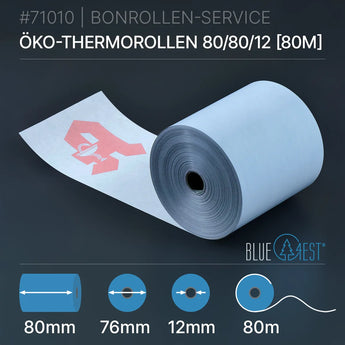 Helle blaue Öko-Thermorolle 80/80/12 (80m) mit rotem Logo von bonrollen-service