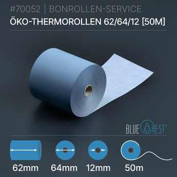 Öko-Thermorollen 62x64x12 (50m): blaue Thermorolle, 50m lang, 62mm Durchmesser