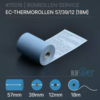 Öko-EC-Rollen 57x39x12 (18m) mit SEPA-Text, hellblaues Thermopapier mit Etikett