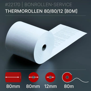 Tankstellenrollen 80x80x12 (80m), weiße Thermorolle mit 12mm Kern und 80m Länge