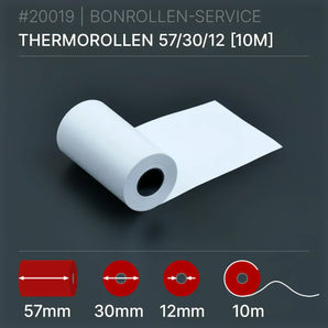 Thermorollen 57x30x12 (10m): Weiße Thermorolle, 10m lang, 57mm Kern, 30mm Innendurchmesser