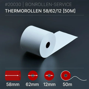 Thermorollen 58x62x12 (50m): weiße Thermorolle, 50m lang, 62mm Kern, 12mm Innendurchmesser