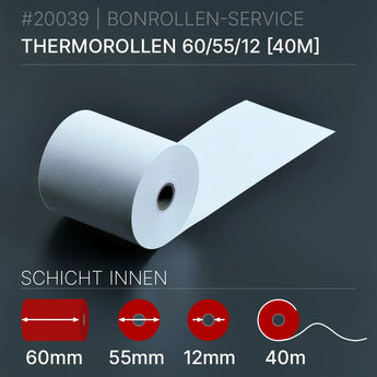 Thermorollen 60x55x12 (40m) Innenwicklung - Bonrollen Thermopapier | BPA-frei