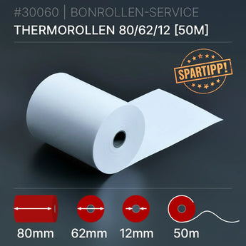 Thermorollen 80x62x12 (50m) Sparpack: weiße Thermorolle mit zentralem Loch