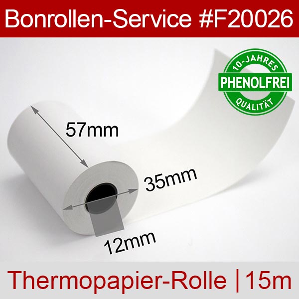 Detailansicht mit Rollenmaßen - Thermorollen / EC-Rollen 57/15m/12 | weiß | phenolfrei für Testo 0554 0621