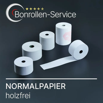 Weiße Bonrollen aus Normalpapier, eine mit pinkem Rundmarken.