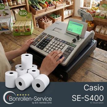 Casio se-s400 kasse mit silber schwarzem gehäuse und grünem display in sammlung für passende kassenrollen