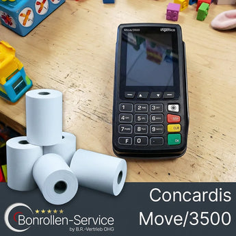 Schwarzes concardis move 3500 ec-gerät mit numeric keypad und farbigen funktions Tasten für ec-rollen