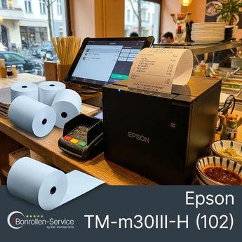 Schwarzer epson tm-m30iii-h bondrucker mit bonrolle und gedrucktem kaufbeleg im oberen ausgabeschlitz